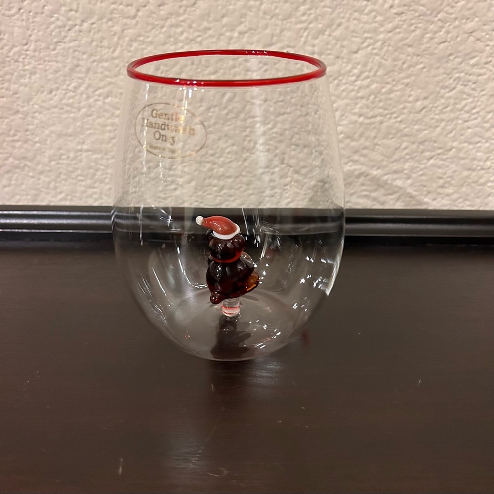 Anthropologie Jolly Icon Stemless Wine Glass Teddy Bear Santa Hat NEW - Picture 4 of 11